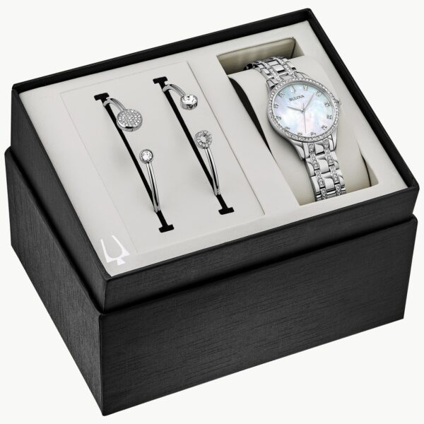 Bulova Women Crystal Silver-tone Watch and Flexible Bangle Bracelets - 96X145 Box set