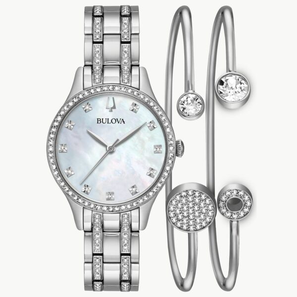 Bulova Women Crystal Silver-tone Watch and Flexible Bangle Bracelets - 96X145
