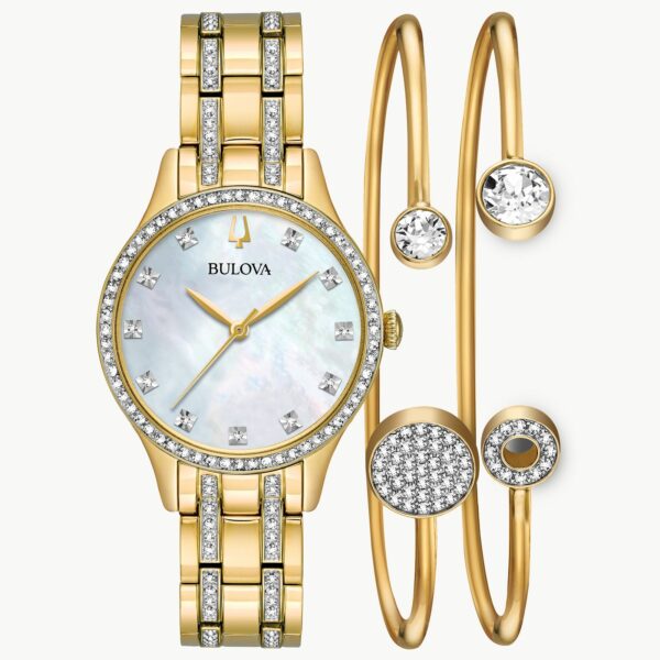 Bulova Ladies' Crystal Accented Gift Set with 3-Hand Quartz Watch and Flexible Bangle Bracelets- 98X119