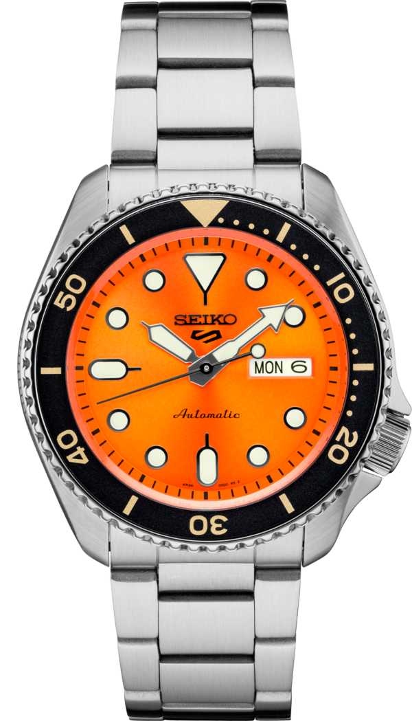 Seiko 5 Sports Orange Sunray Dial With Gold And Black Accents Watch