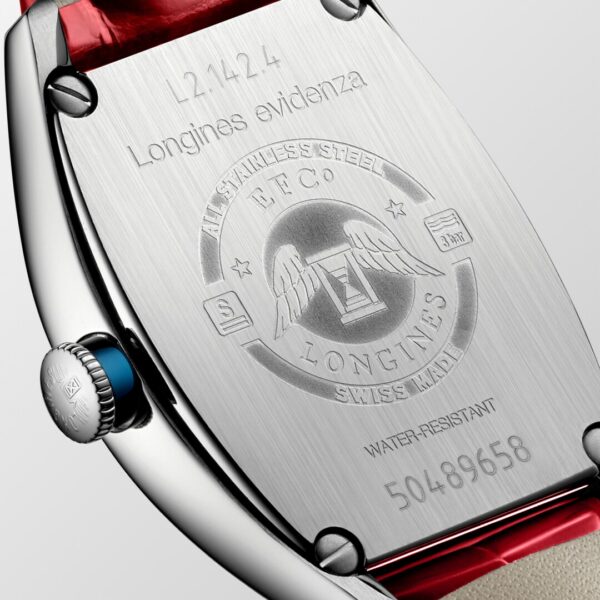 Longines Evidenza Automatic With Red Leather Strap Watch - L2.142.4.76.2 close back view