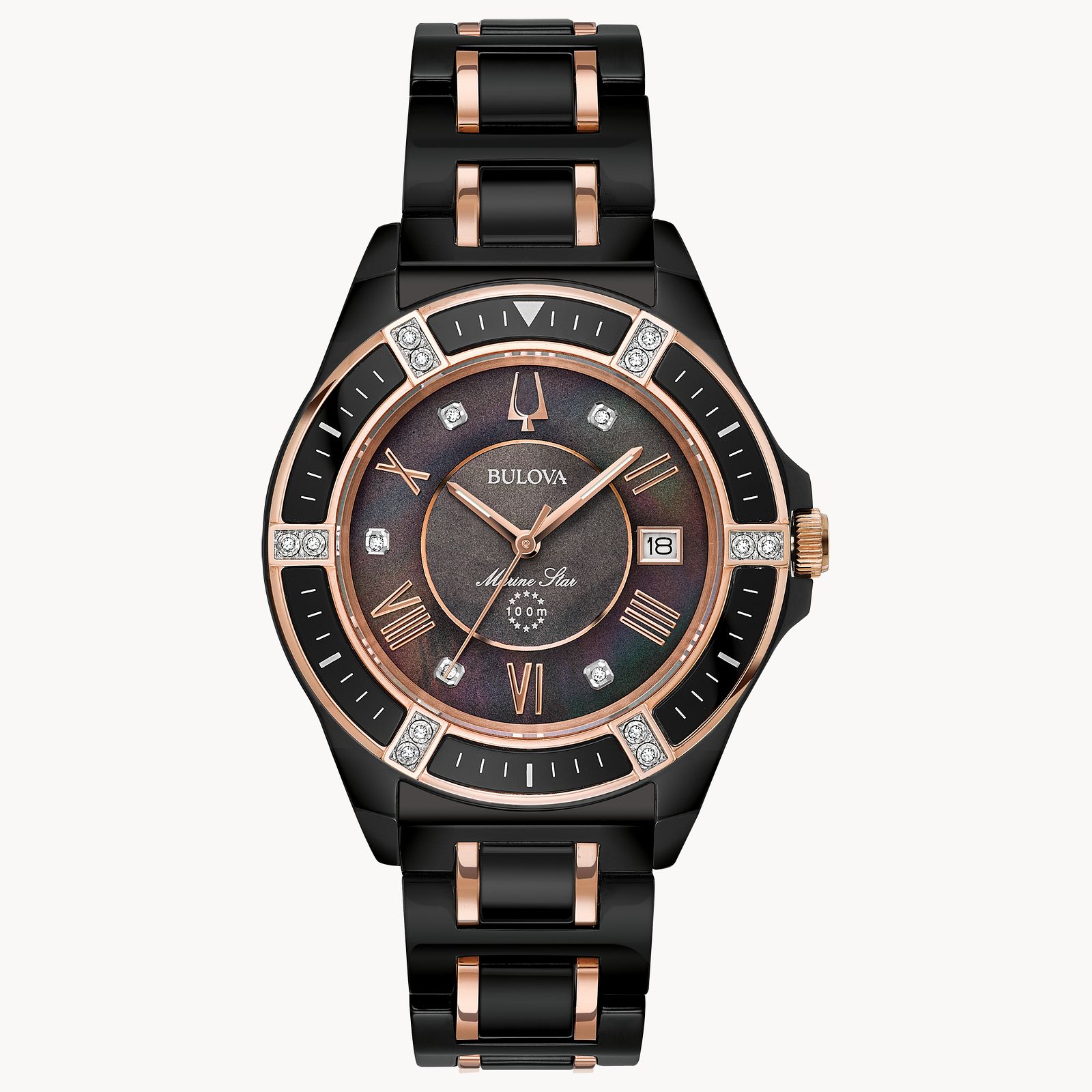 From the Marine Star Collection. Black IP ceramic case with rose gold-tone accents and 17 diamonds individually hand set on black IP and rose gold-tone bezel and black dial, black mother-of-pearl inner dial, date feature, sapphire glass, screw-back case, black IP ceramic bracelet with rose gold-tone accents and double-press deployment closure, and water resistance to 100 meters. *Mother-of-pearl colors on dials can vary due to natural variations of the material. Light reflection creates an iridescent effect, causing colors to shift and change, making each dial unique in color and tone.