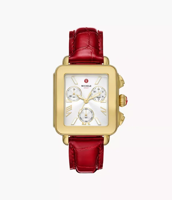 Deco Sport 18K Gold-Plated Ruby Red Leather Watch - MWW06K000065