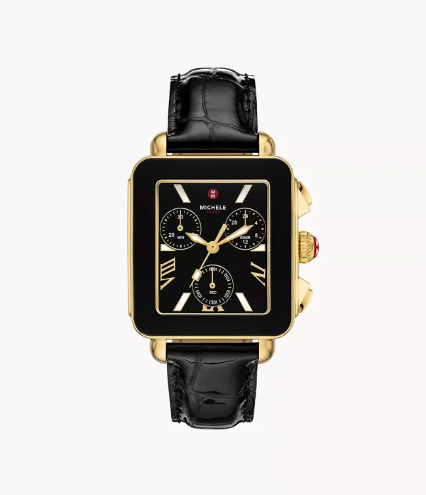 Deco Sport Chronograph 18K Gold-Plated Stainless Steel Noir Leather Watch - MWW06K000070