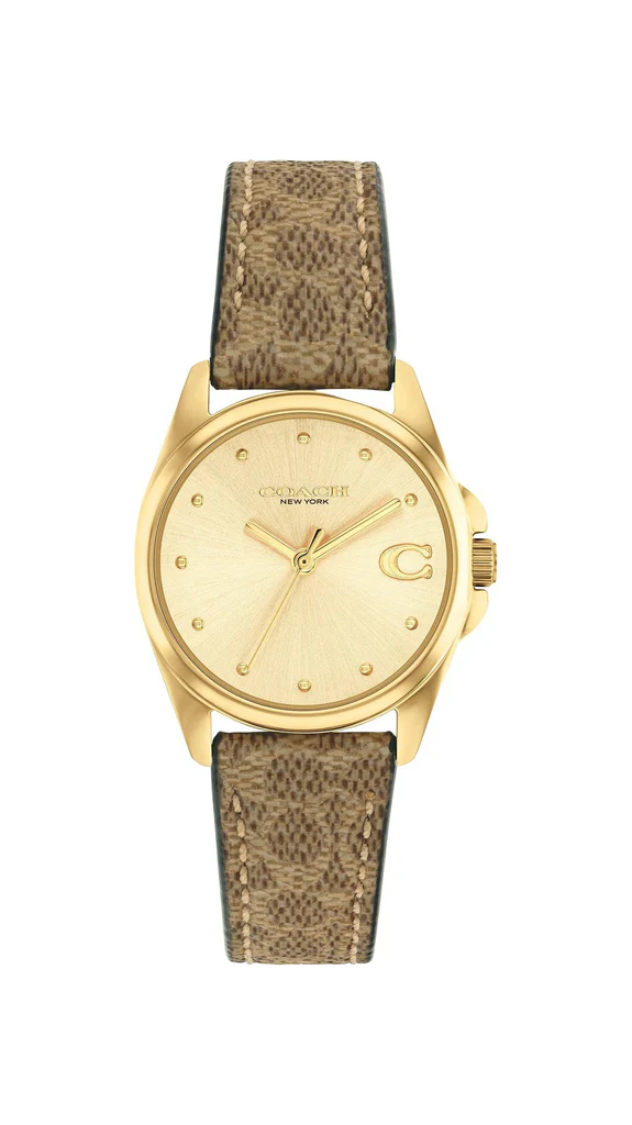 Coach Greyson Gold Tone Case and Tan Coach Signature Canvas Strap, 28mm Watch - 14504107