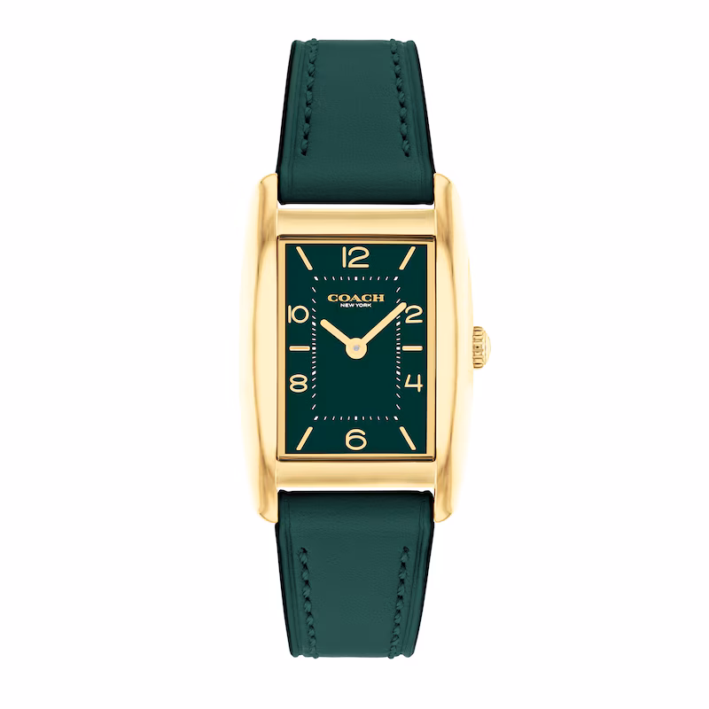 Coach Reese Gold Tone Case, Green Leather Strap 24mm x 35mm Watch - 14504354